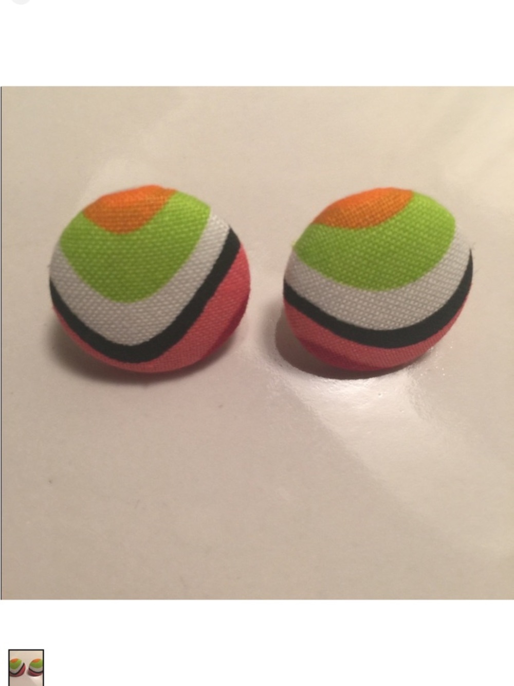 Neon Striped Fabric Button Earrings - Lime, Orange, Coral